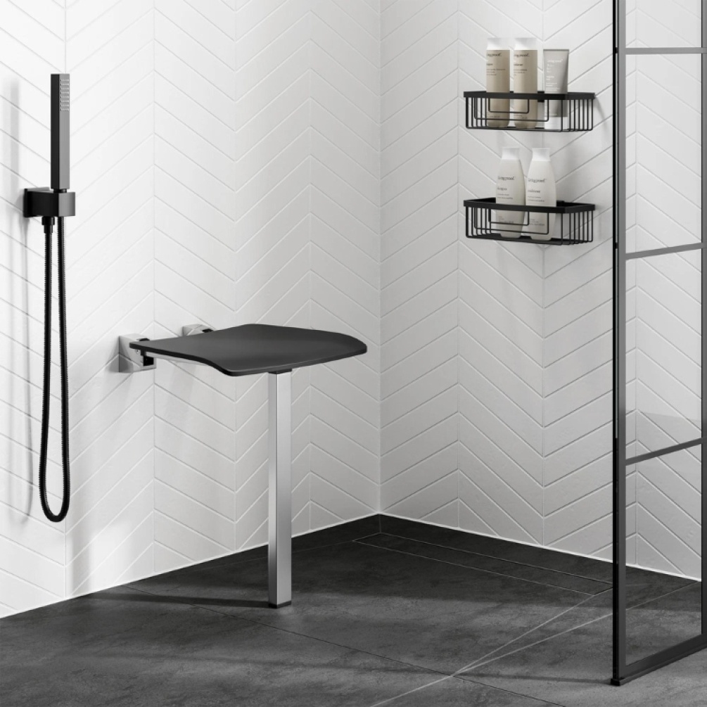 Product Lifestyle image of the HIB Shower Seat with Support Leg with the seat folded down